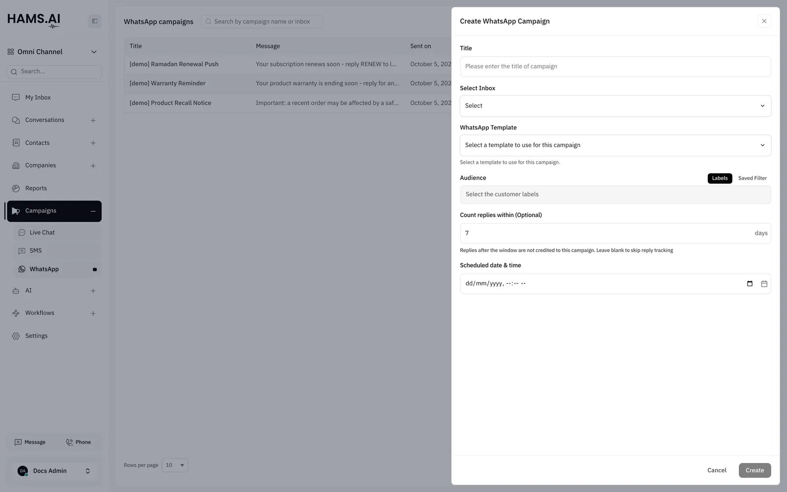 The Create WhatsApp Campaign drawer: the inbox, the template, the audience, the reply window, and the start time.