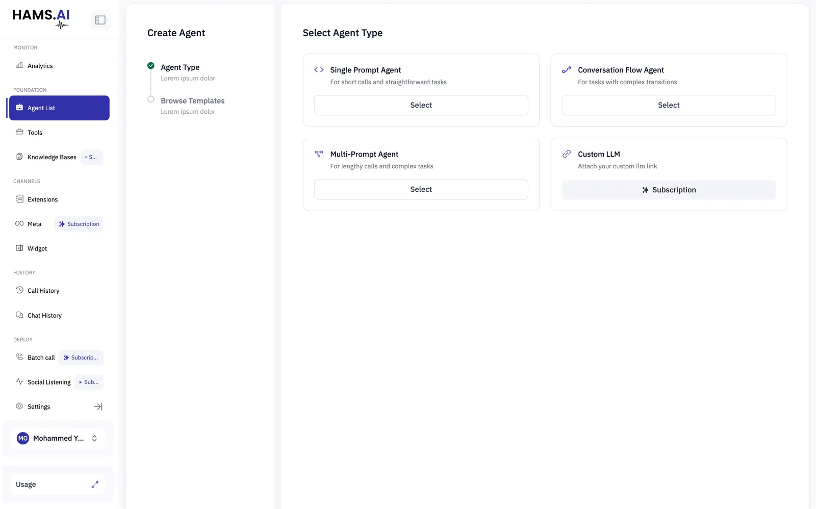 The Select Agent Type step, offering Single Prompt, Conversation Flow, Multi-Prompt and Custom LLM.