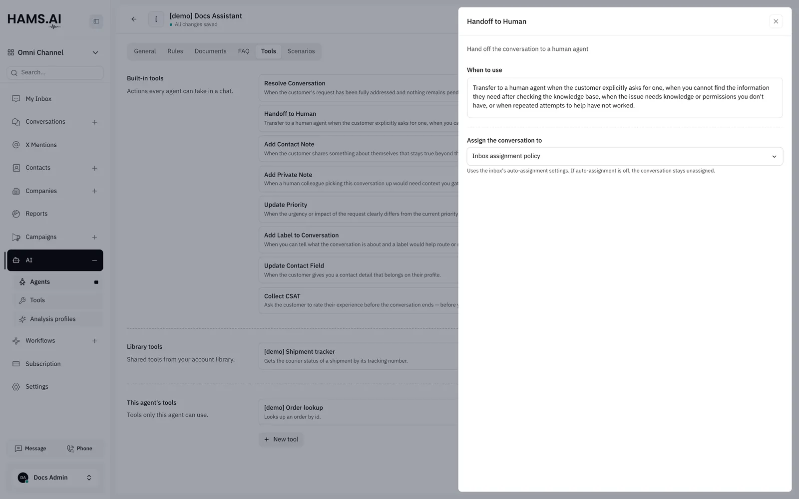 The Tools tab of an AI agent: the built-in tools, the library tools, and the tools of this AI agent only.