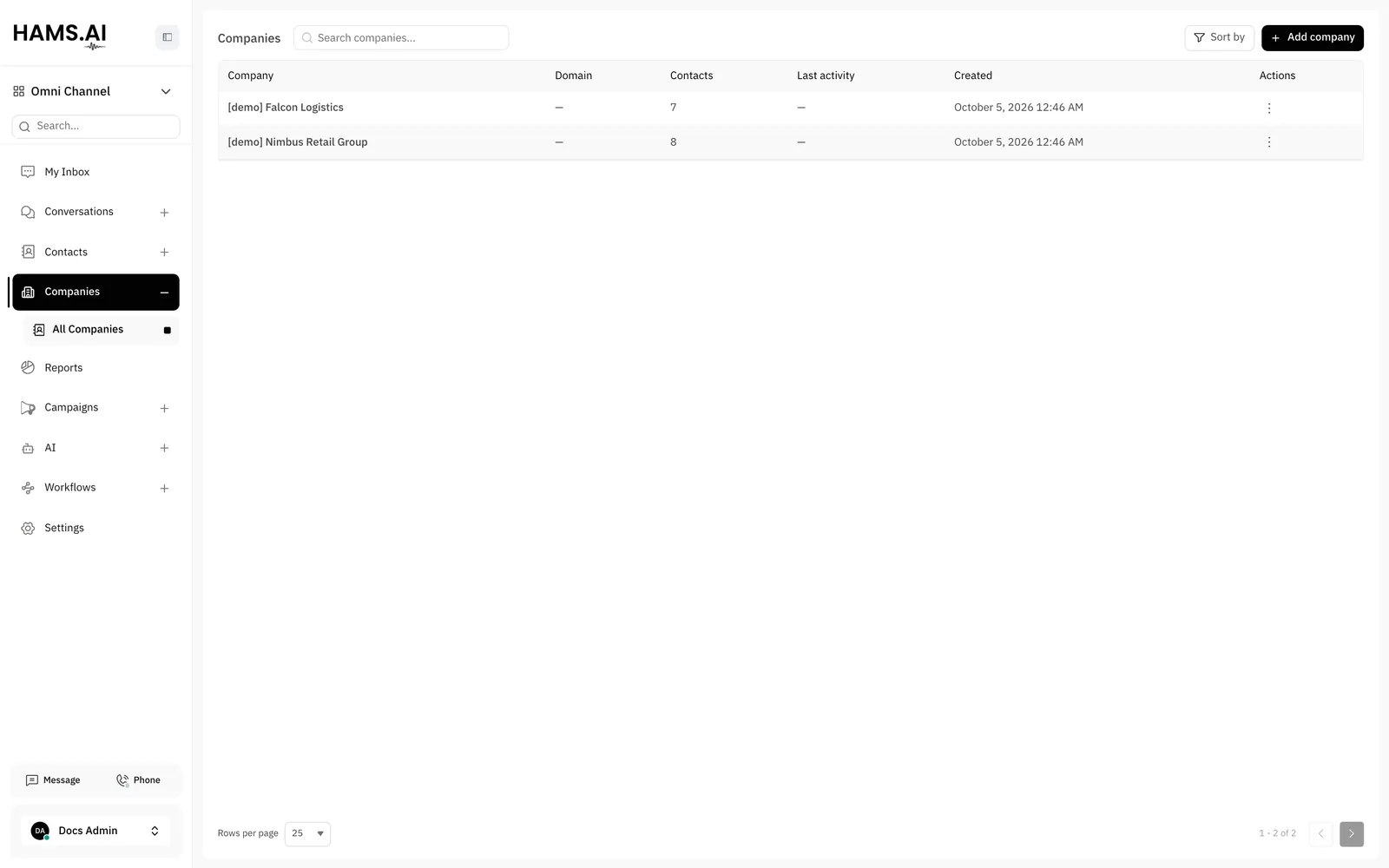 The Companies list shows each company of the account and the number of its contacts.