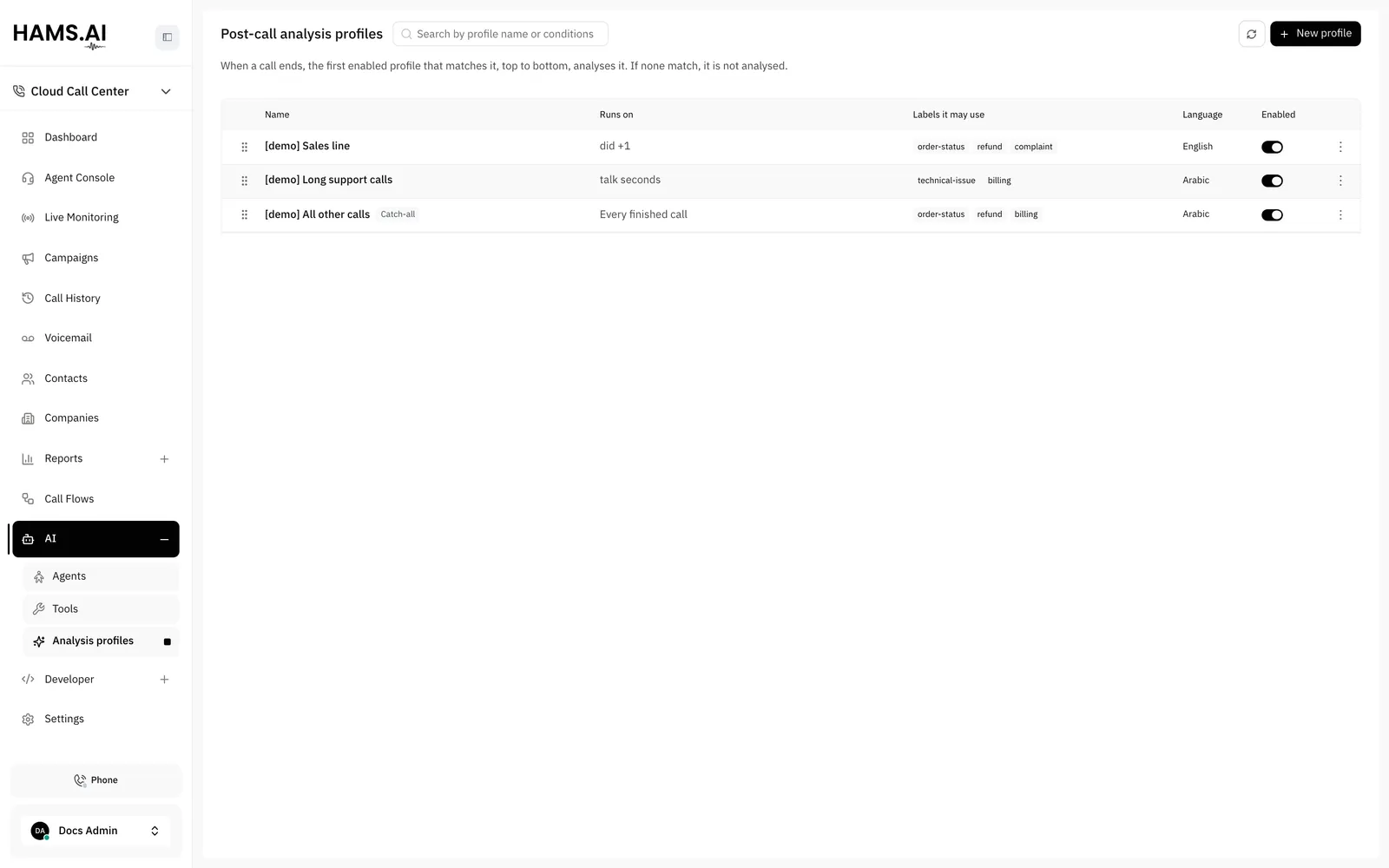 The Post-call analysis profiles page: the conditions, the labels, and the language of each profile, in match order.