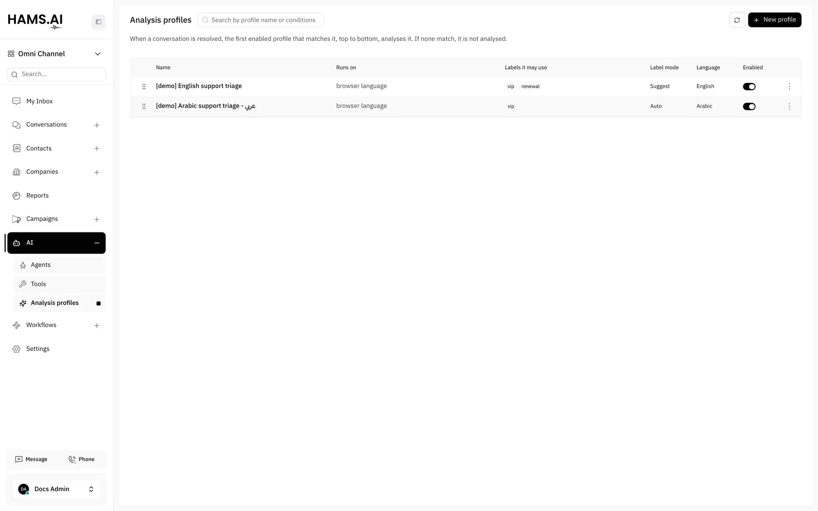 The Analysis profiles page: the conditions, the labels, the label mode, and the language of each profile, in match order.