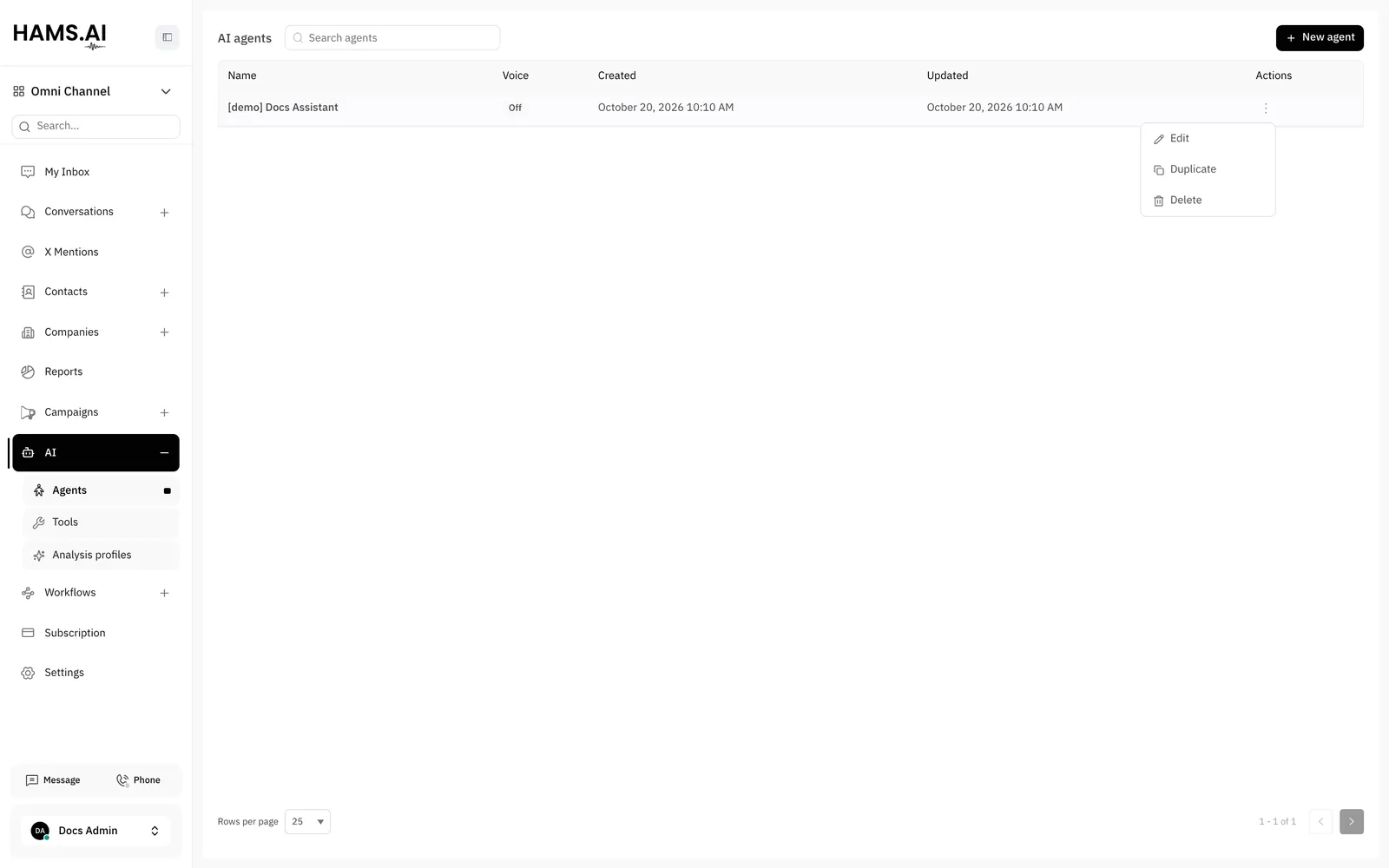 The AI agents page: each AI agent, its voice status, and the actions menu.