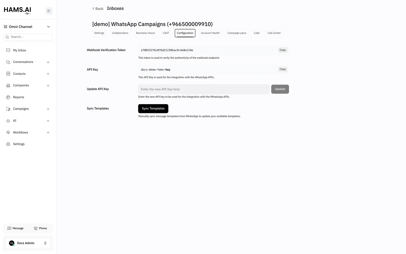 The Configuration tab of a WhatsApp Cloud inbox: the webhook token, the API key, and Sync Templates.