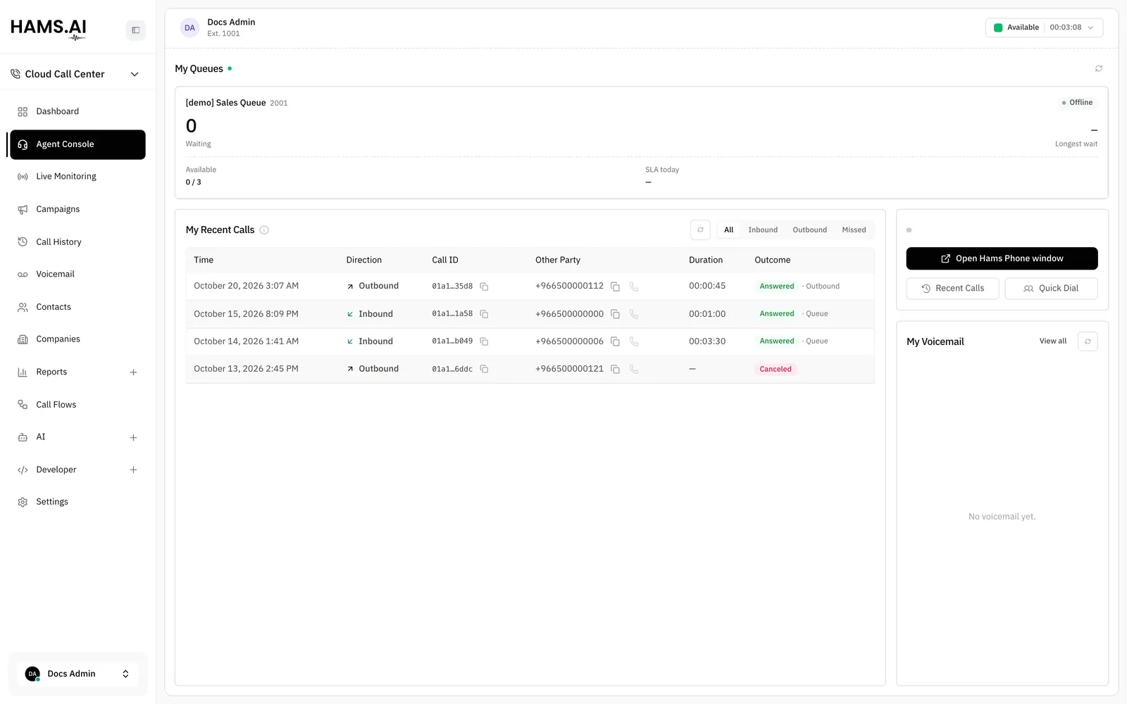 The agent console with your status, your queues, your phone, your voicemail, and your recent calls. This agent has no voicemail.