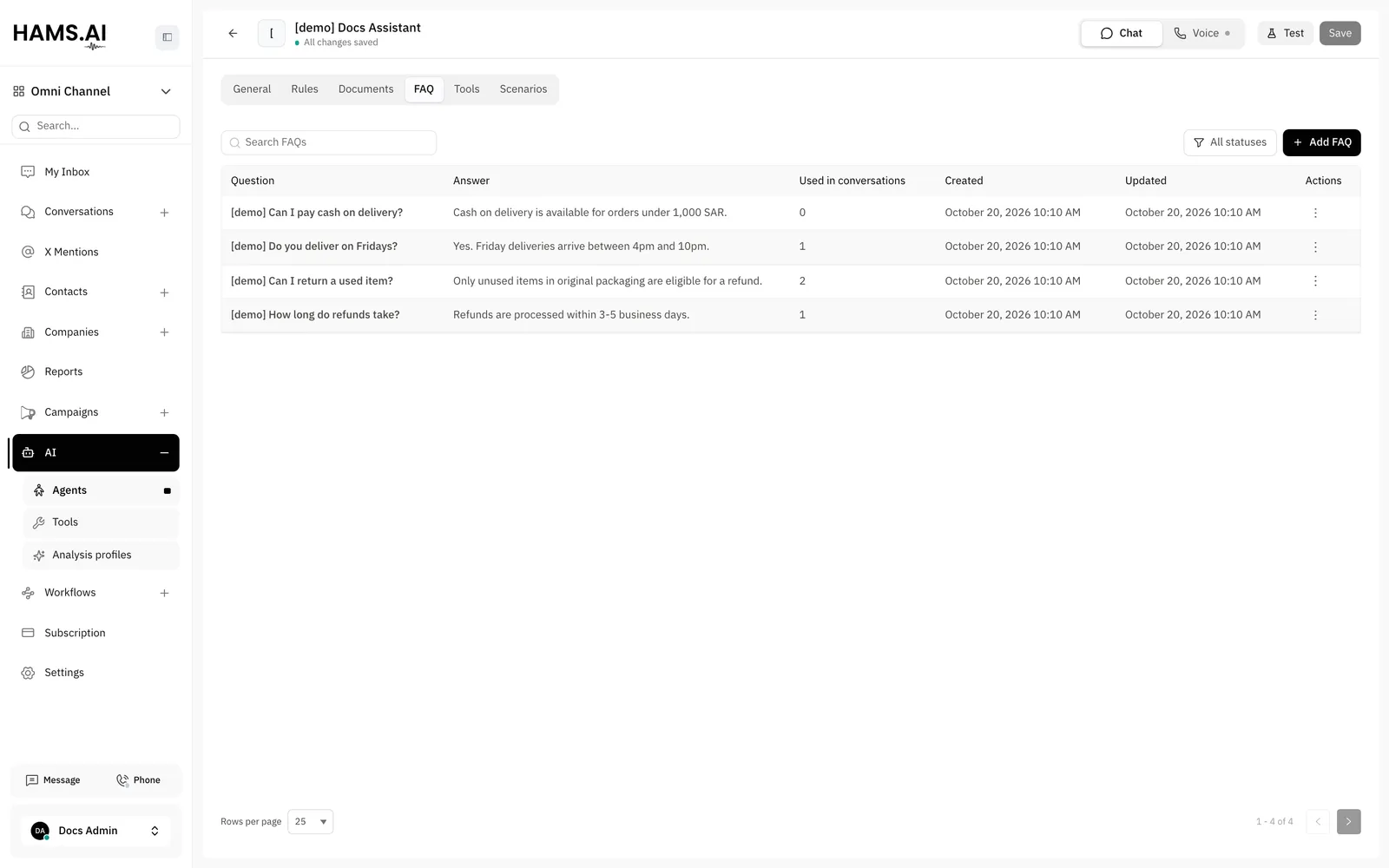 The FAQ tab: the question and answer pairs of the AI agent and how many conversations used each one.