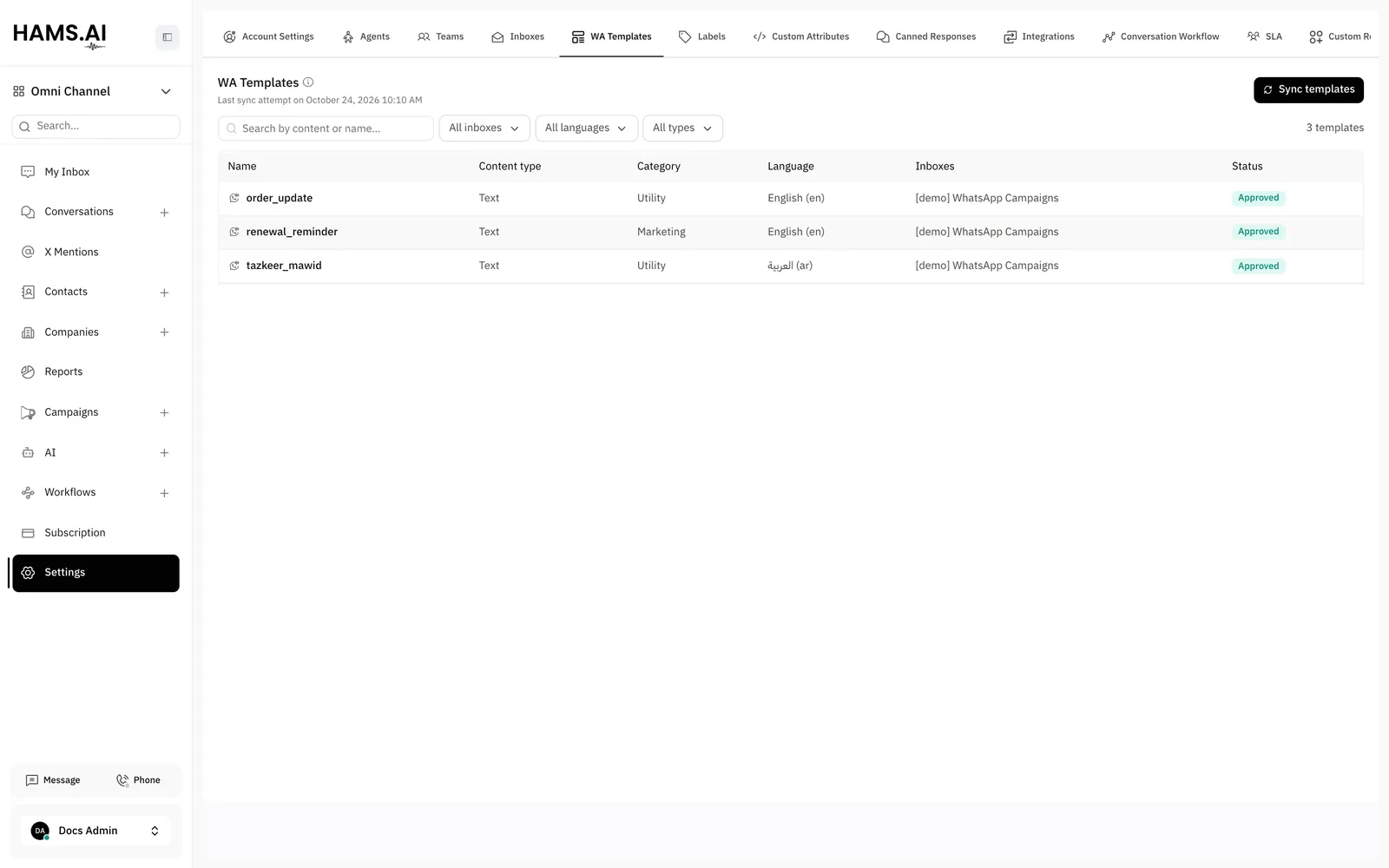 The WA Templates tab lists the templates of all WhatsApp inboxes with their type, language, and status.