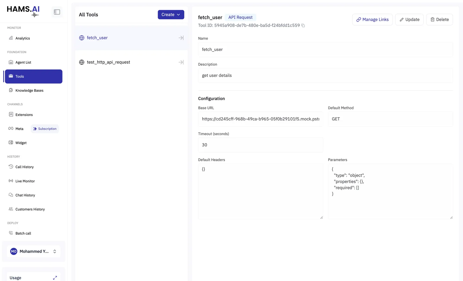 The Tools page, showing a list of tools and the configuration of an API Request tool including its base URL, method, timeout, headers and parameters.