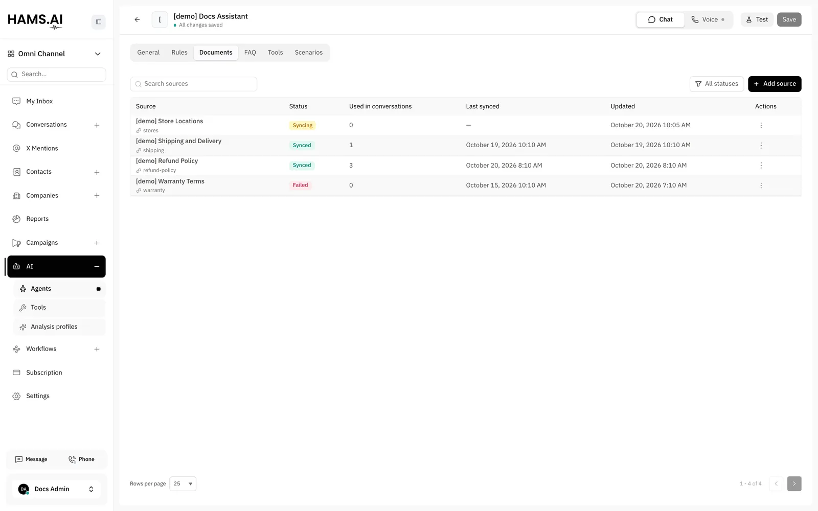 The Documents tab: each source, its status, and how many conversations used it.