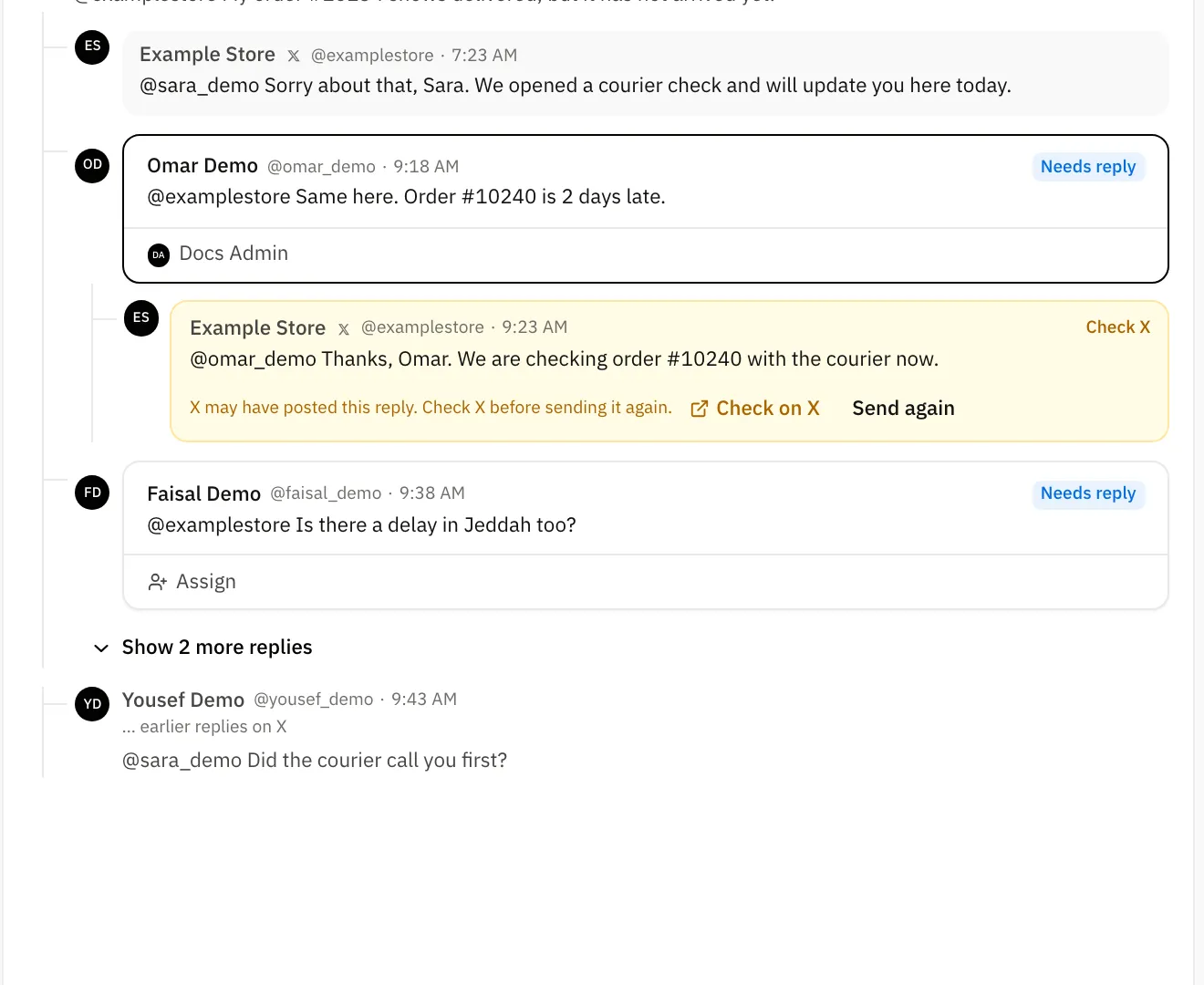 A thread shows the posts of 1 X conversation as a tree, and marks the posts that need a reply.