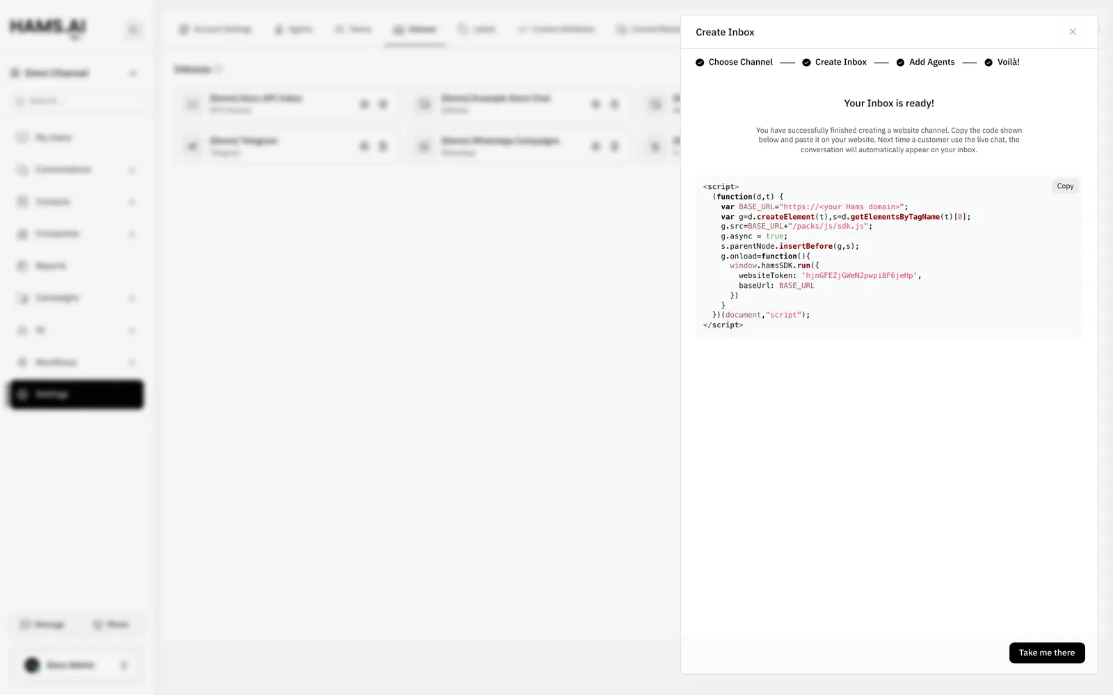 The last step of the wizard shows the script to paste on your website.