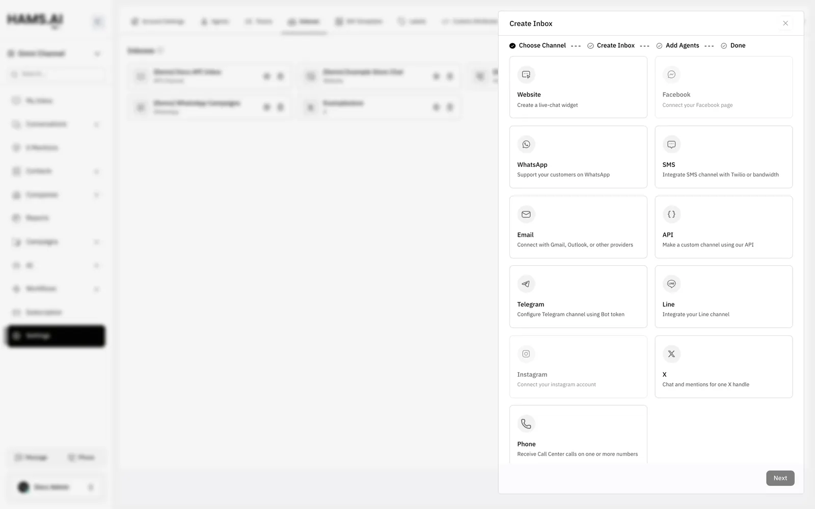 Create Inbox lists every channel type you can connect.