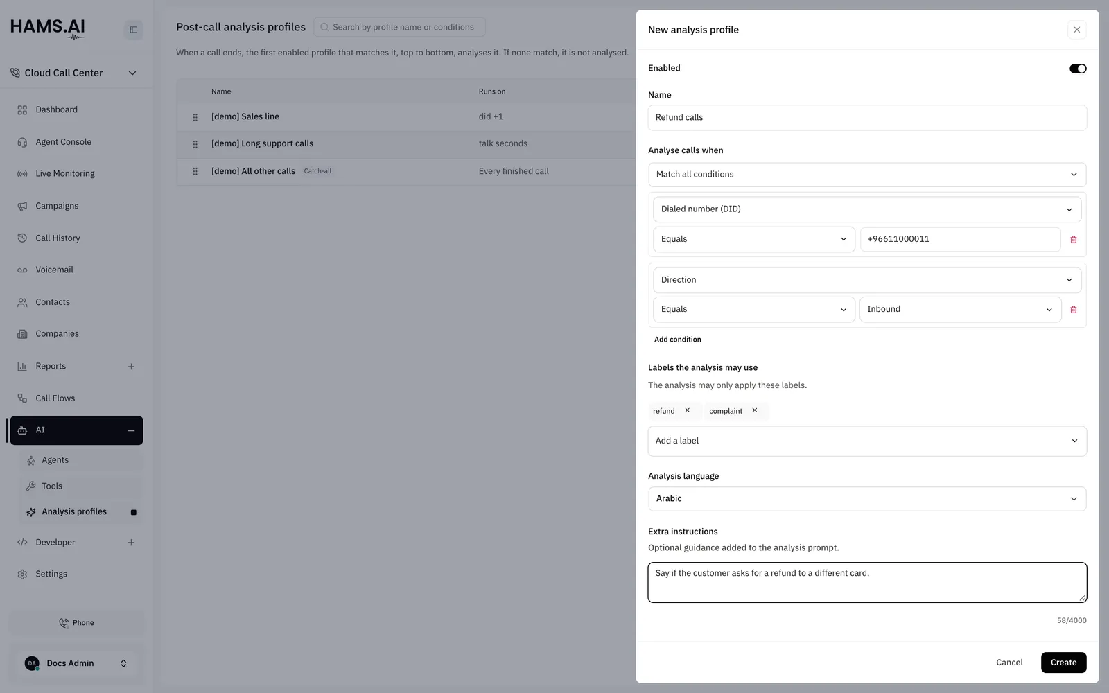 The New analysis profile drawer: the name, the conditions, the labels, the language, and the extra instructions.