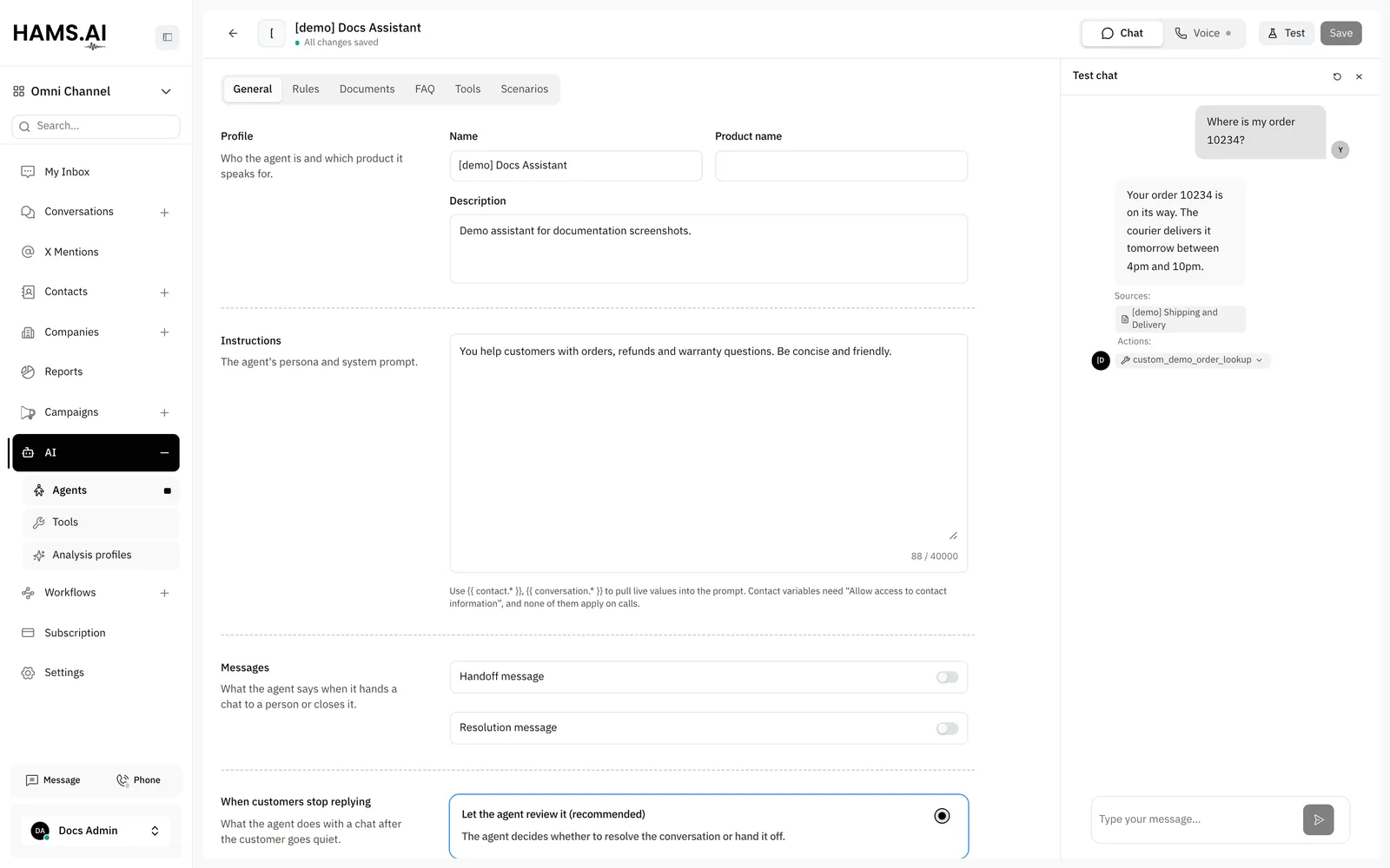 The Test chat panel: your messages go to the AI agent, but not to a customer.