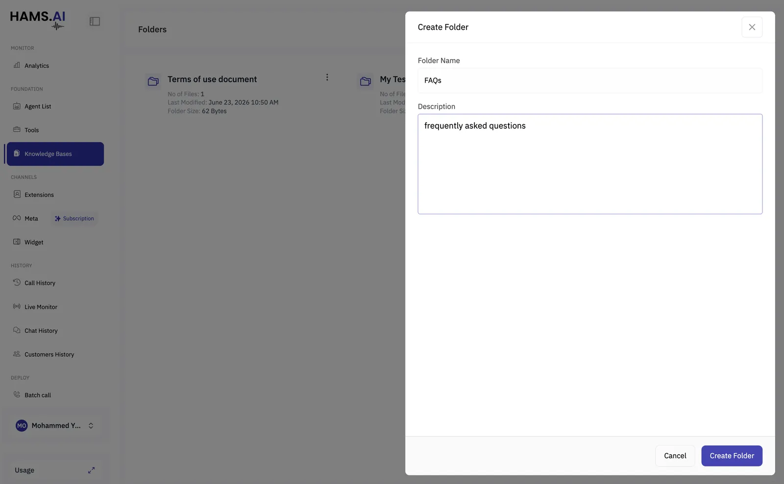 The Create Folder dialog with a folder name of FAQs and a description reading frequently asked questions.