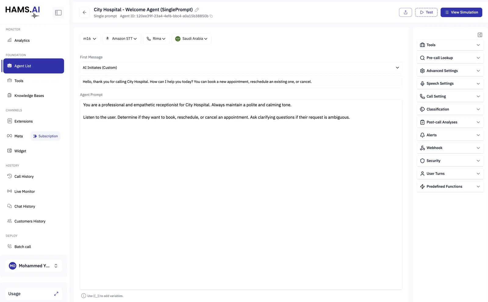 The agent detail page for a Single Prompt agent.