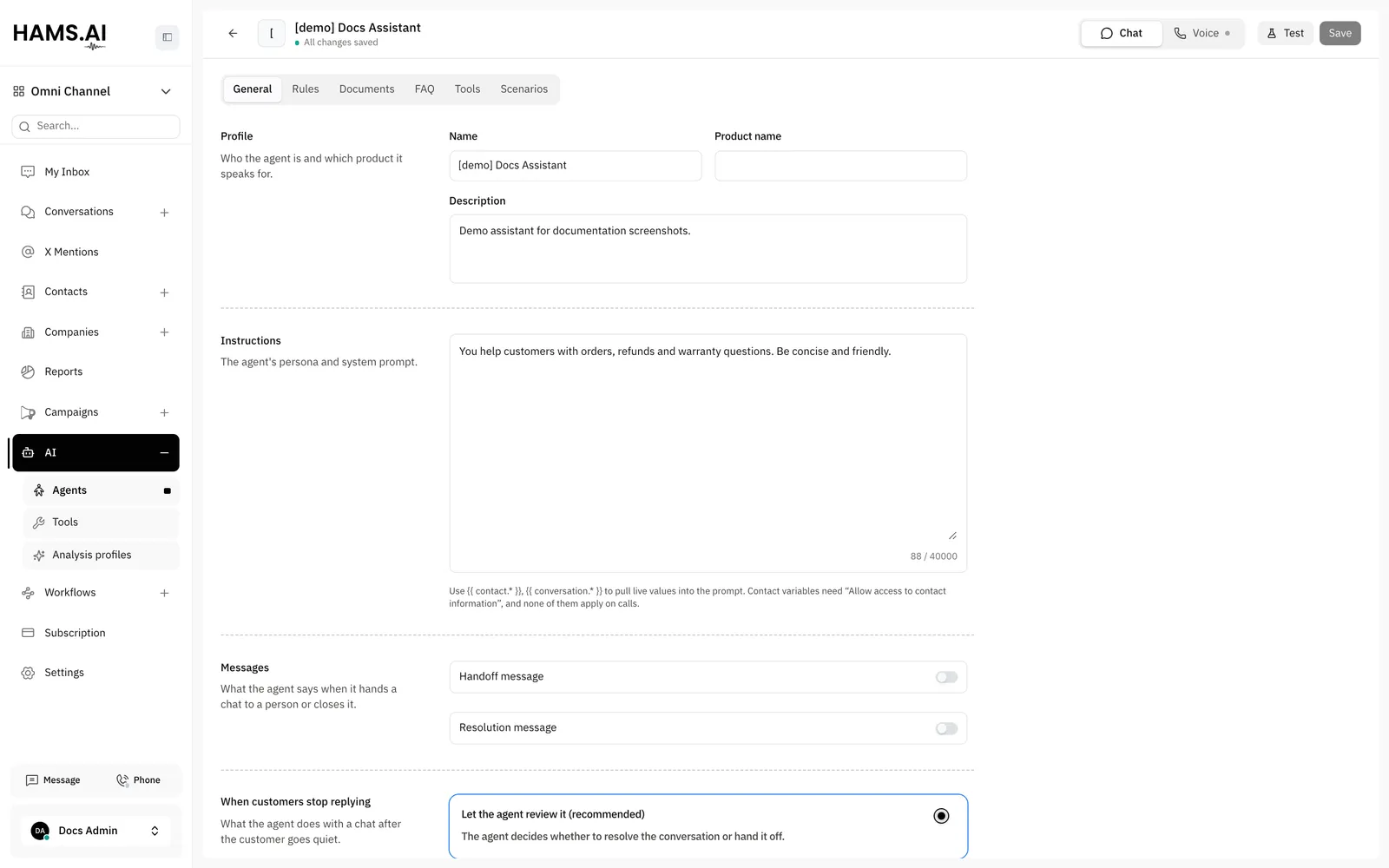 The General tab of the AI agent editor: the profile and the instructions.