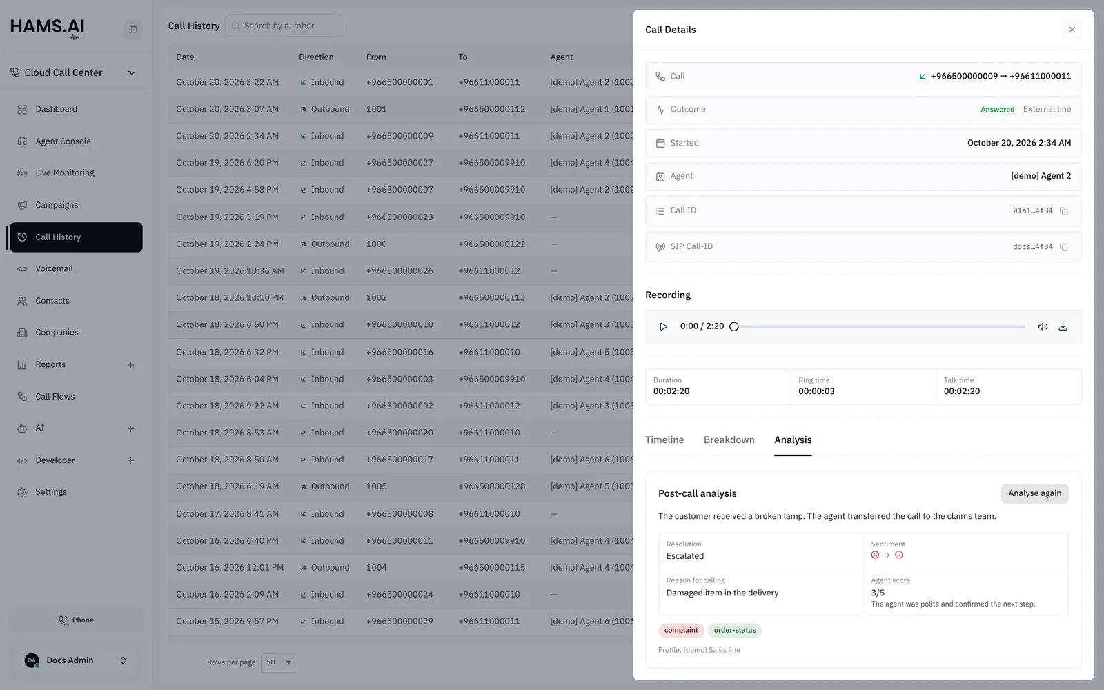 The Analysis tab of the call details drawer with the result of a call.