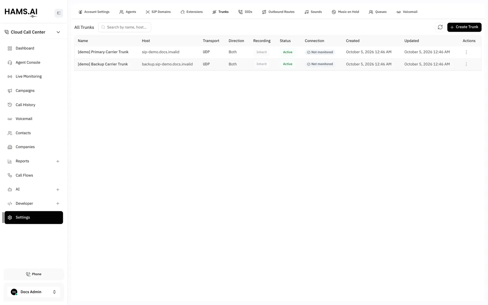 The Trunks tab. Each trunk shows its host, transport, direction, recording policy, status, and connection.