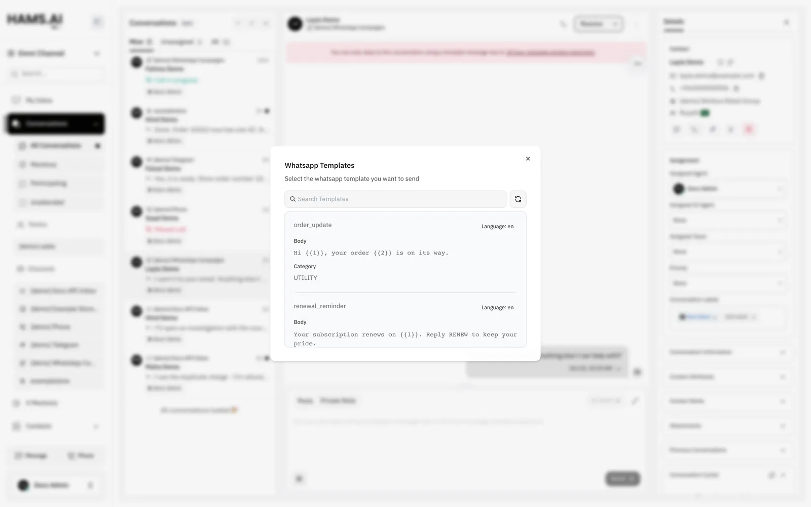 The Whatsapp Templates dialog lists the approved templates of the inbox with their language.