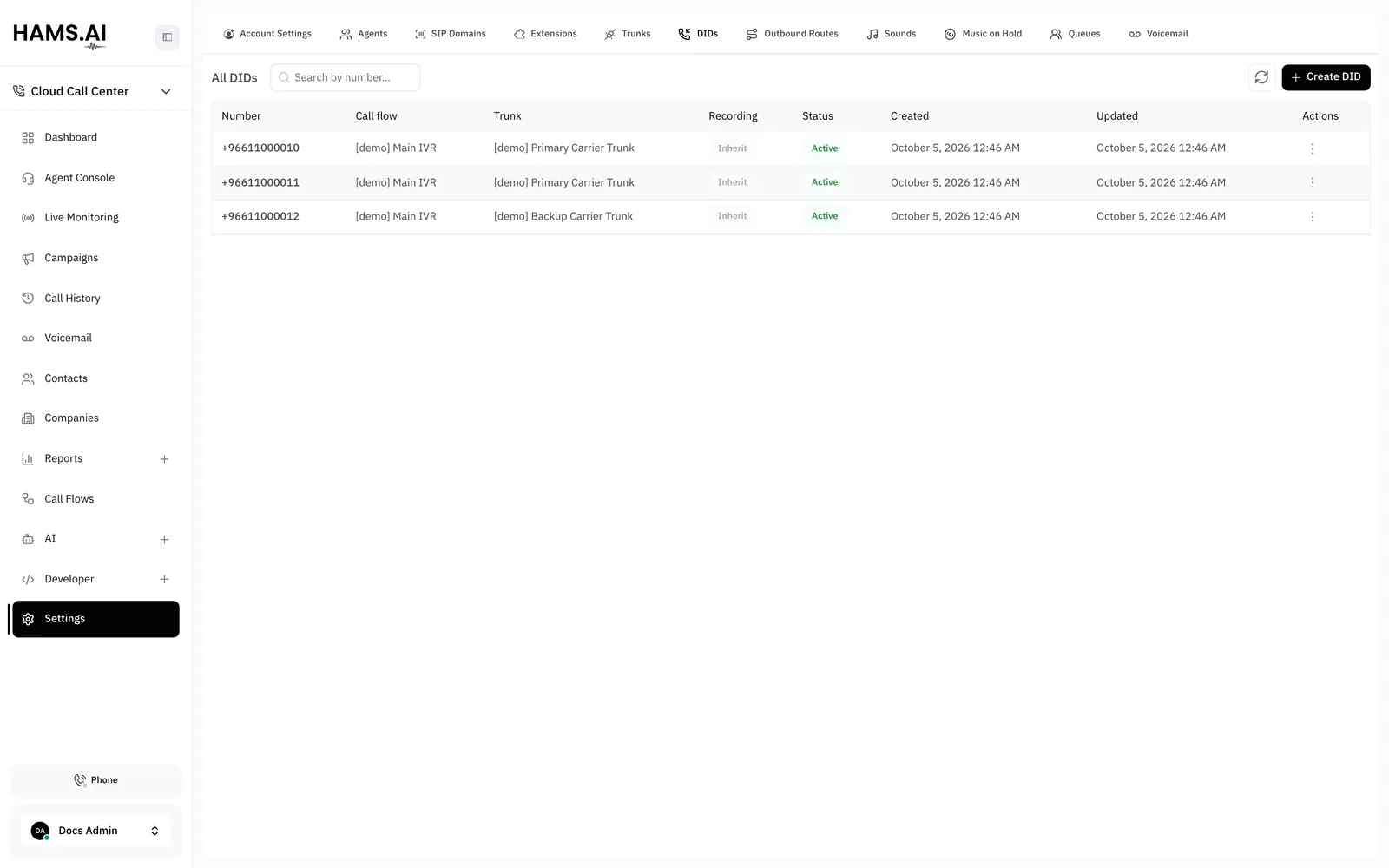The DIDs tab: each number, the call flow it enters, and the trunk it arrives on.