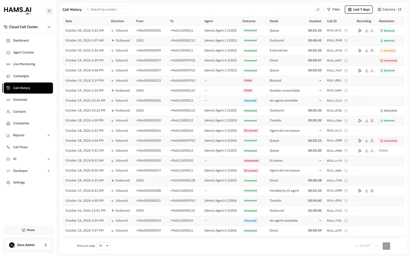 The call list with the newest call first. Each row shows the direction, the agent, the call outcome, and a play control when a recording exists.