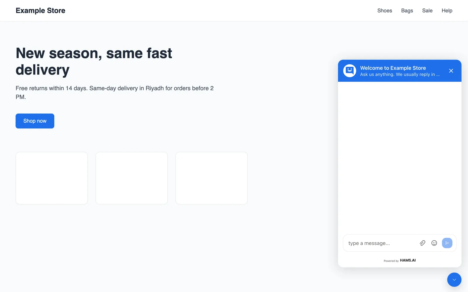 The live chat widget shows the welcome heading, the tagline, and the message box.