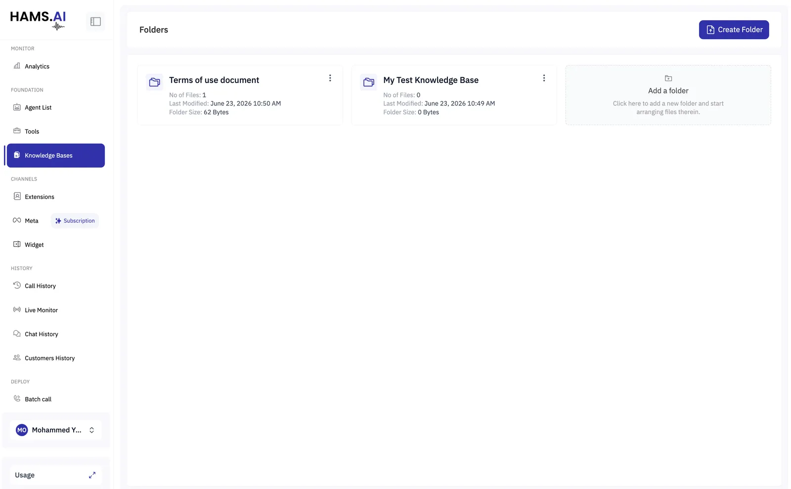 The Knowledge Bases page showing two knowledge bases as folder cards with file counts, sizes and last modified dates.