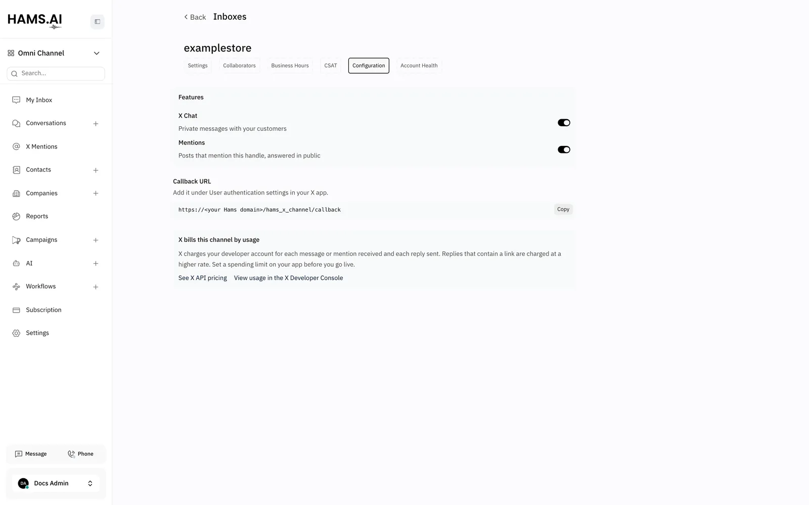 The Configuration tab of an X inbox shows the feature switches, the callback URL, and the links to the X costs.