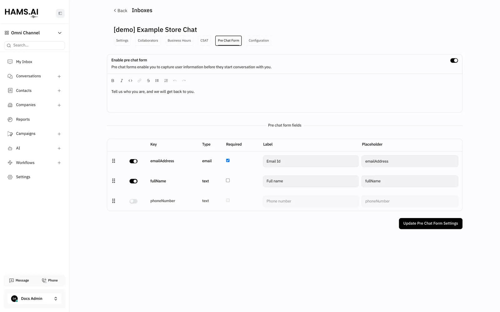 The Pre Chat Form tab lists the fields that the visitor can fill in.