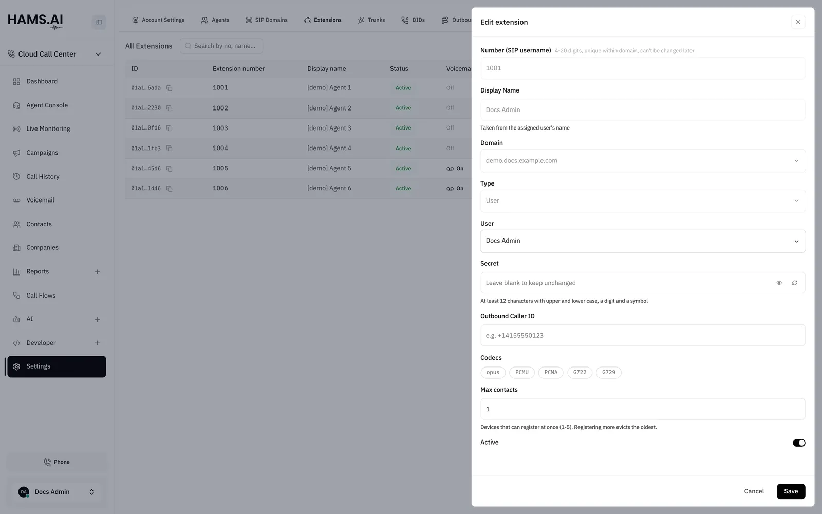 The Extensions tab with an extension open: the agent it belongs to, its SIP secret, outbound caller ID and codecs.