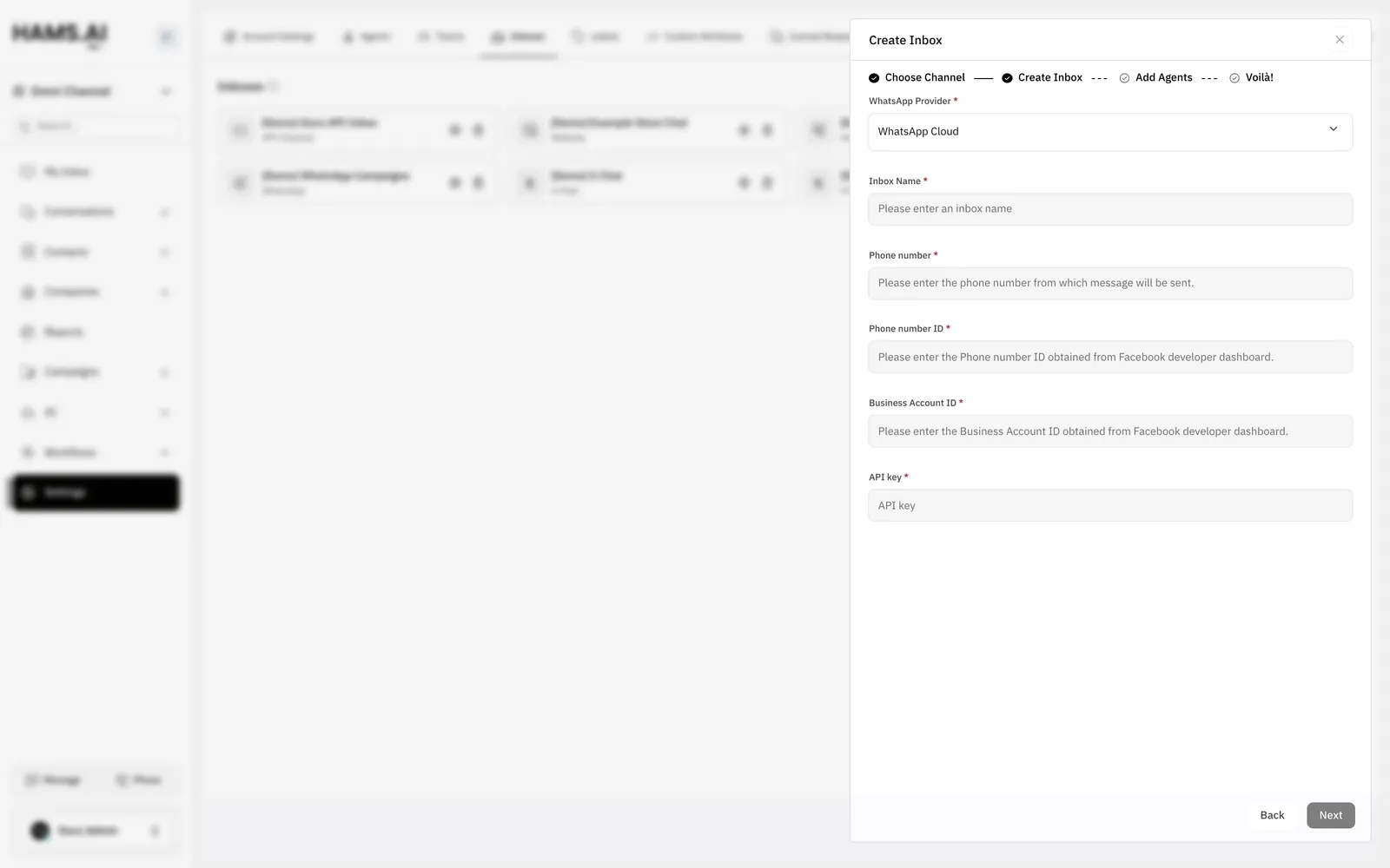 The Create Inbox step of a WhatsApp inbox: the provider and the fields of WhatsApp Cloud.