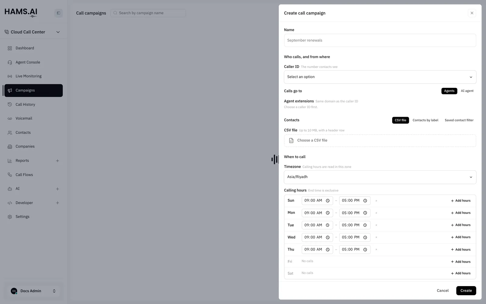 The Create call campaign drawer: the caller ID, the destination, the contact source, the schedule, and the line and retry settings.