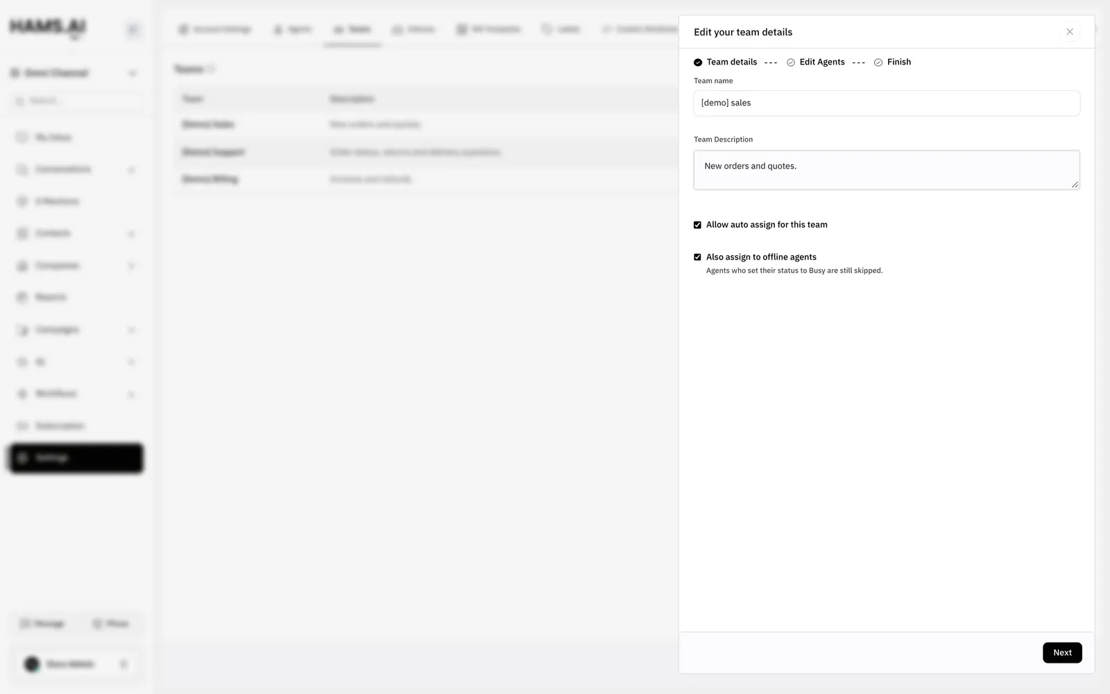 The Team details step has the name, the description, and the two auto assignment settings.