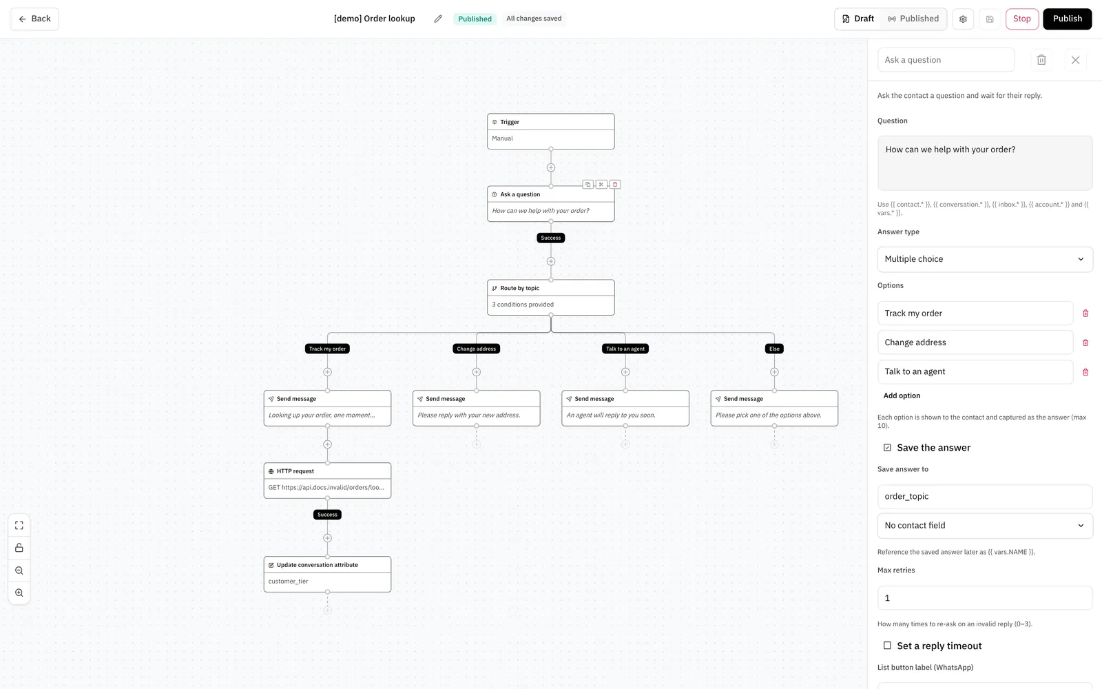 The workflow builder with the Ask a question node open: its question and its options.