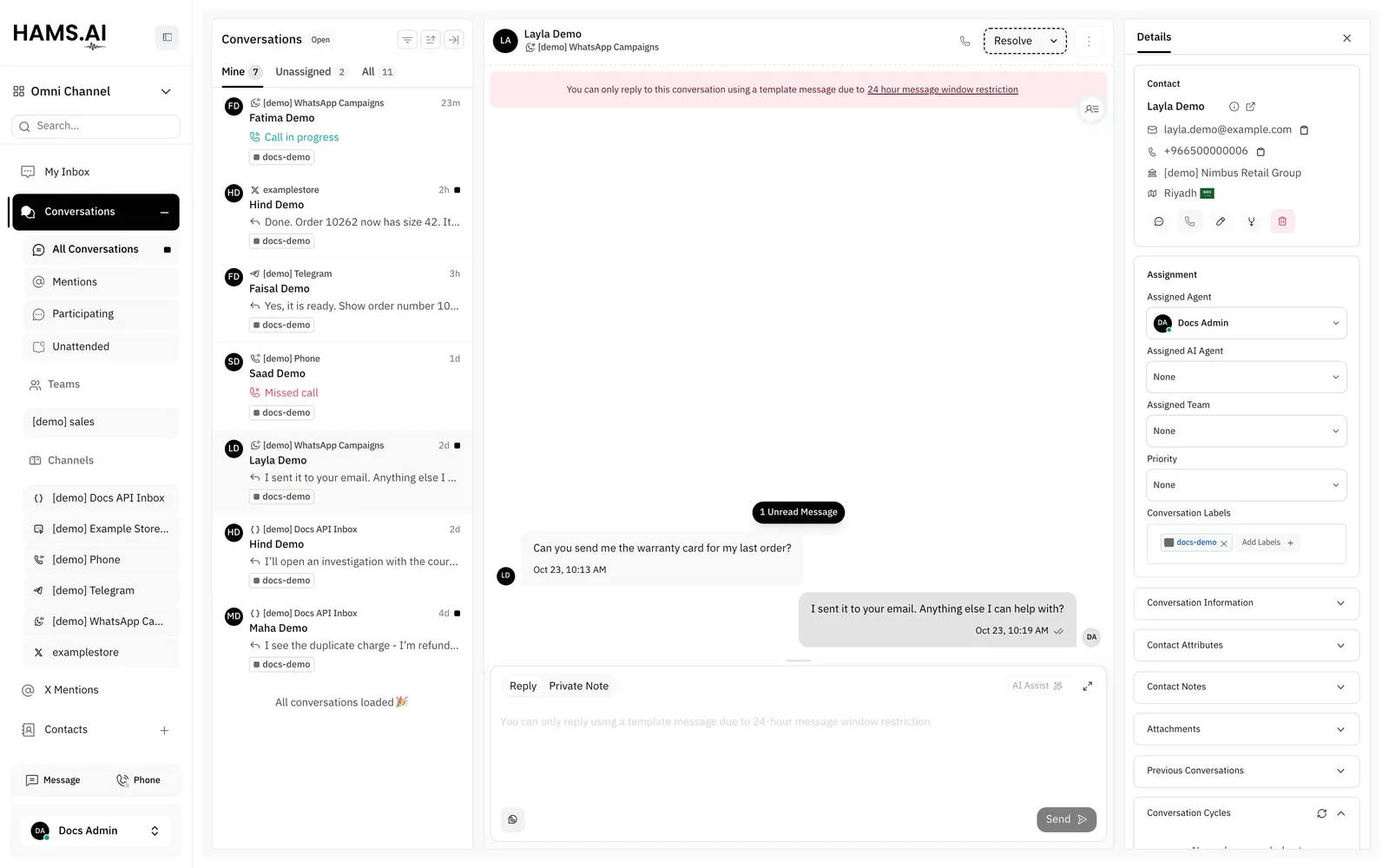 A WhatsApp conversation outside the 24-hour window. The banner and the reply box say that you can reply only with a template.