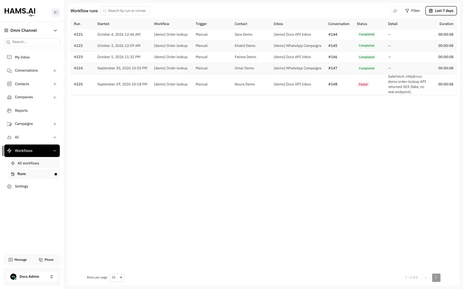 The Runs page: the runs of all workflows in the account, with their status and duration.