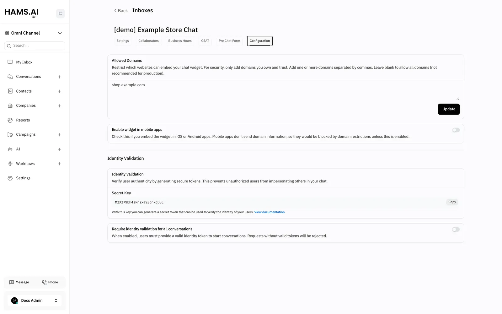 The Configuration tab sets the sites that can show the widget, and the option for mobile apps.
