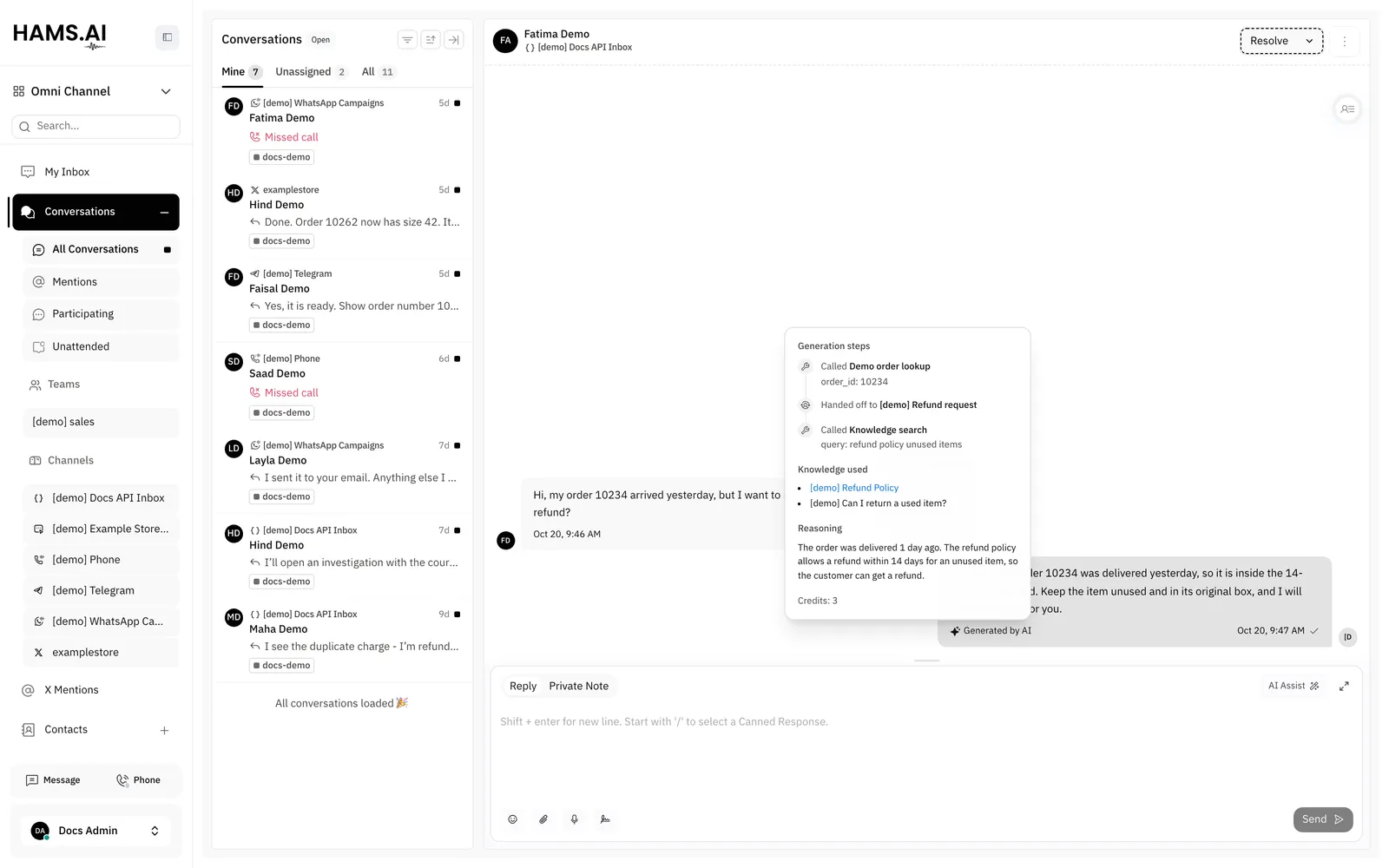 The panel that shows how the AI agent generated a reply.
