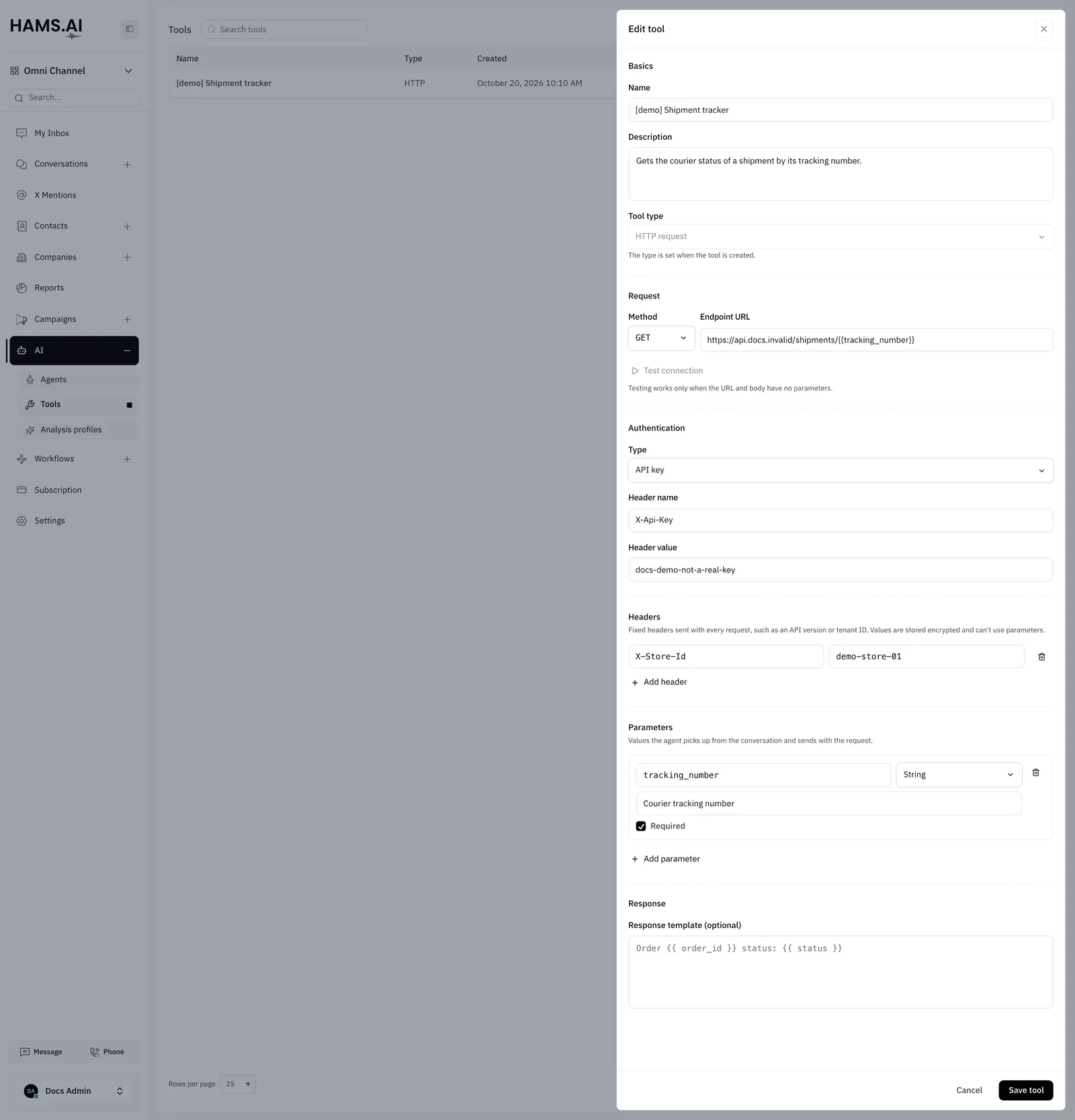 The custom tool form: the request, the authentication, the static headers, and the parameters.