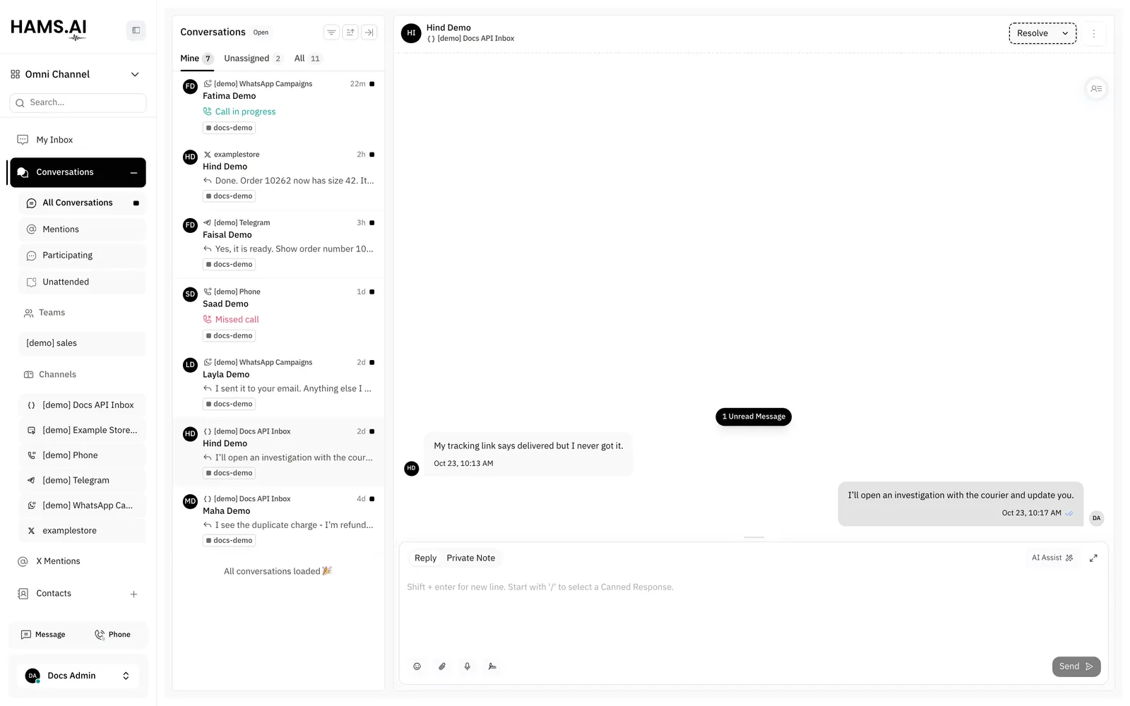 The conversations view shows the channels on the left, the conversation list in the middle, and the thread on the right.