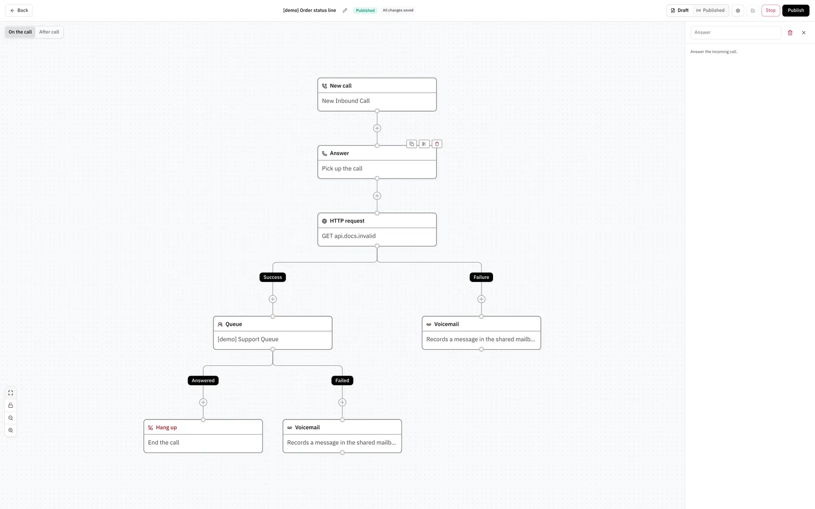 A call flow that answers the call and then calls an API.