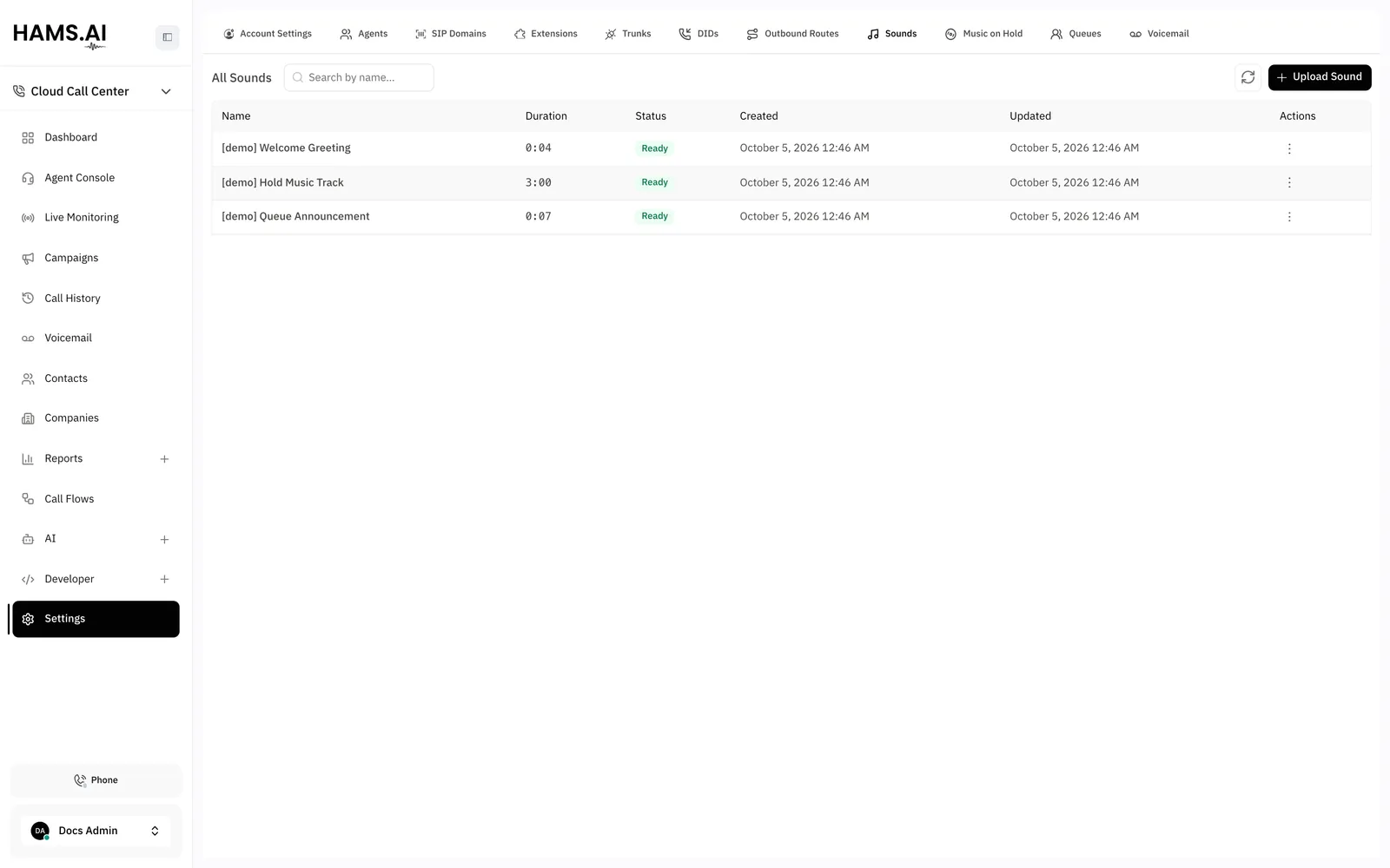 The Sounds tab. Each sound with its duration and status.