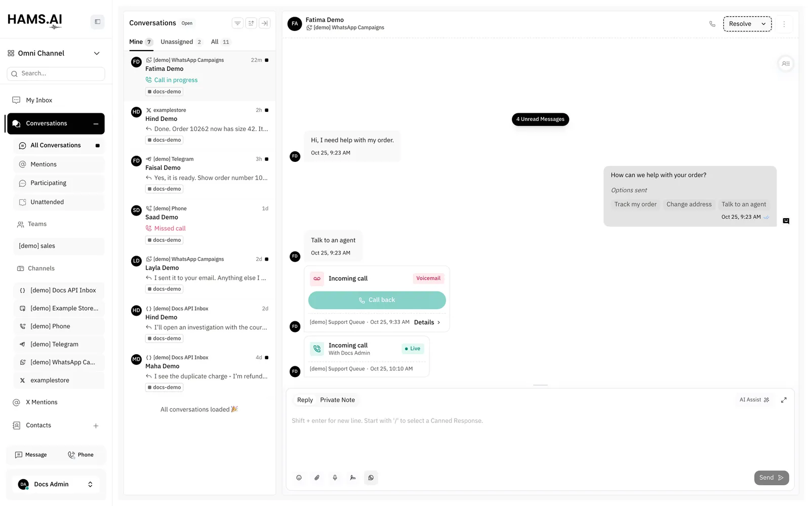 A WhatsApp conversation with 2 call cards: an incoming call that went to Voicemail, and a Live incoming call with the agent.