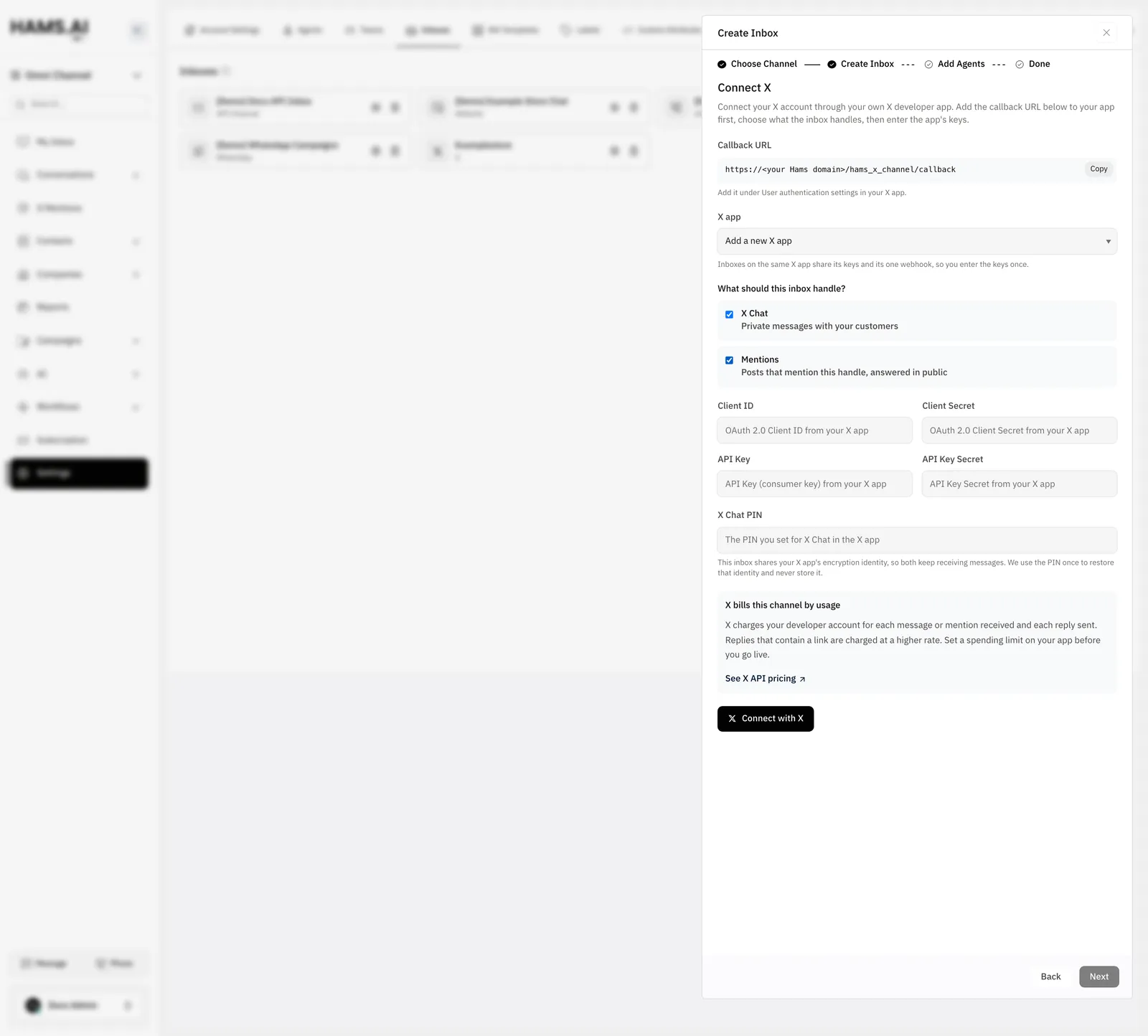 The X connect form shows the callback URL, the X app, the features of the inbox, the app keys, and the X Chat PIN.