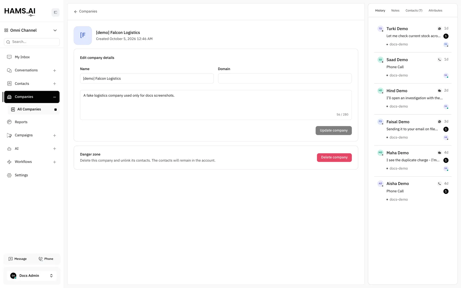 The company page shows the details of the company on the left and the History, Notes, Contacts, and Attributes tabs on the right.