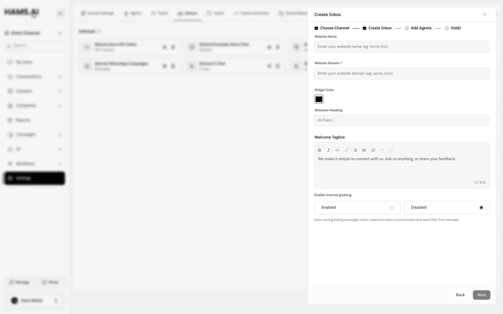 The Create Inbox step of the Website channel asks for the name, the domain, and the widget look.