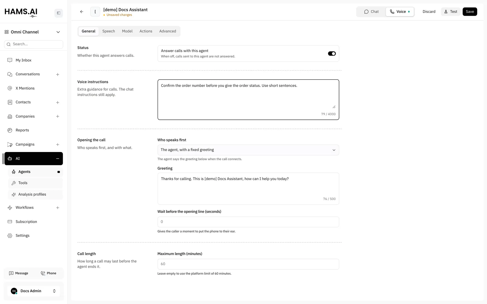 The voice settings of an AI agent: the status, the voice instructions, the opening of the call, and the call length.
