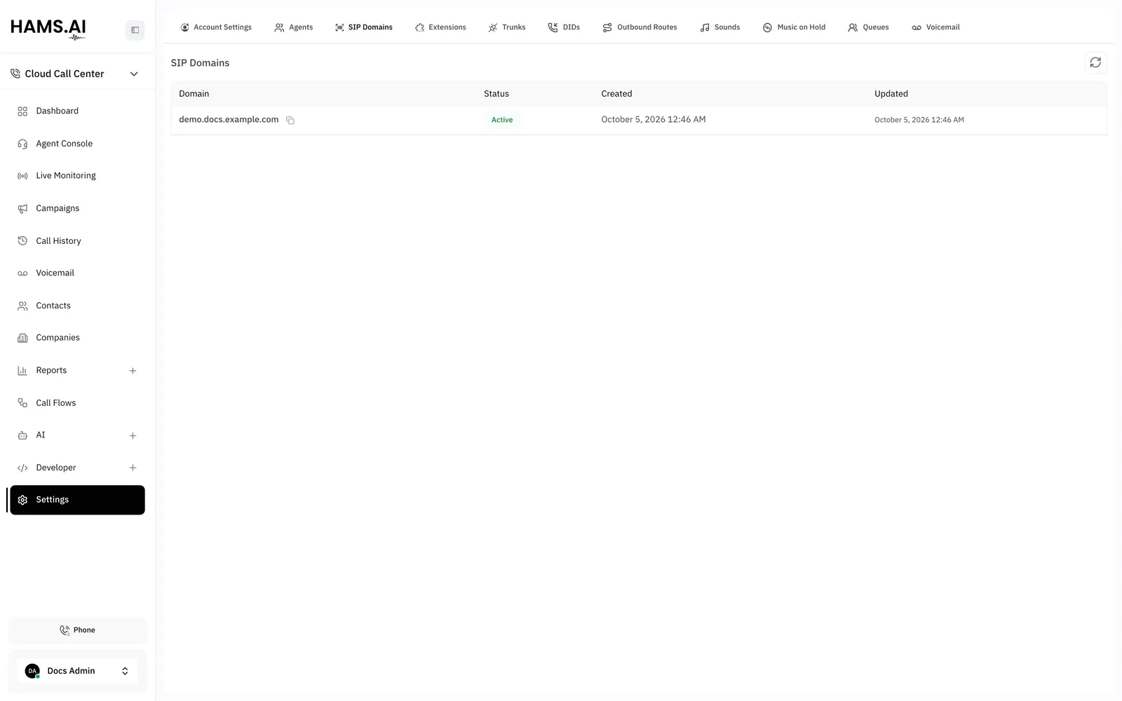 The SIP Domains tab. Extensions register against the domain listed here.