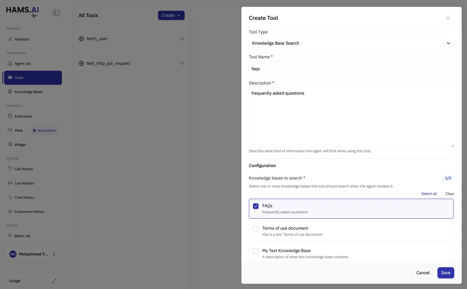 The Create Tool dialog with type Knowledge Base Search, a tool named faqs, and a list of knowledge bases with one selected.